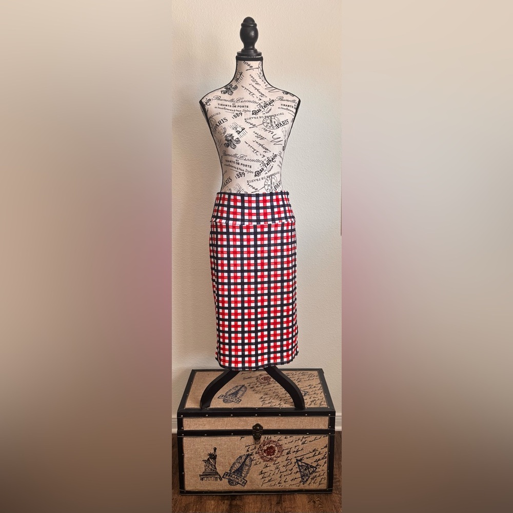 LuLaRoe Red, Blue & White Plaid Pencil Skirt